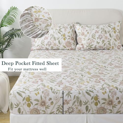 FADFAY Queen Size Sheets 100% Cotton Botanical Floral Bed Sheet Leaves Sunflower Printed Farmhouse Bedding Lemon Butterfly Patterned Deep Pocket Flower Sheets Luxury 600 TC Soft Breathable 4 Pcs