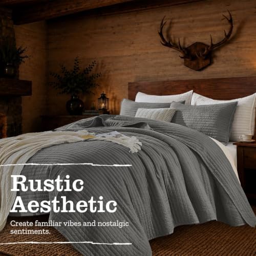 DOWN HOME Twin Quilt Bedding Set with Sham, Vintage Washed Soft Quilted Blanket Thin Comforter Lightweight Bedspread Coverlet Bed Cover, Brushed Microfiber Stripe Stitching, Ash Gray, 66"x92"