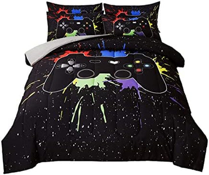 akkialla Gamer Comforter Sets Full Size for Boys Teen,Game Controller Colorful Comforter with 2 Pillowcases,Soft Microfiber Video Gaming 3 Piece Bedding Set for Game Lovers,All Season(Black,Full)