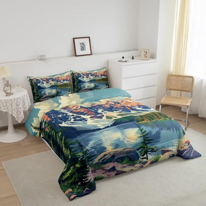 Lake House Comforter Set Full Size,Camping Adventure Theme Duvet Insert 3Pcs,Mountain Lake Woodland Nature Bedding Set for Kids Teens Adults Room Decor,Fishing and Hunting Quilt Set,2 Pillowcases