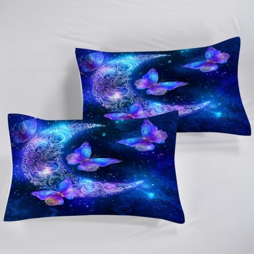 Blue Butterfly Comforter Set King, Moon Mandala Bedding for Girls