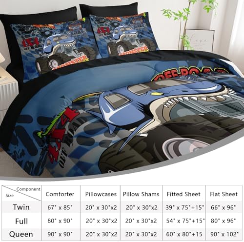 AILONEN Monster Truck Comforter Set Twin Size,7-Piece Cartoon Truck on Blue Background Theme Bed in a Bag,Comforter & Fitted Sheet with Flat Sheet & 2 Pillowcases,2 Pillow Cases for Bedroom,Soft