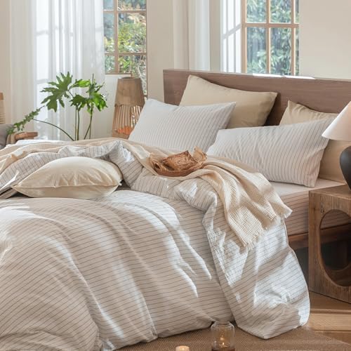 MooMee Striped Duvet Cover Set 100% Washed Cotton Linen Like Full