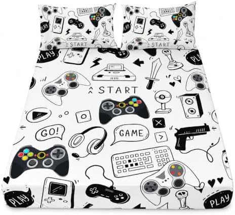 AILONEN Video Game Fitted Sheet Set,Boys Full Bed Sheet Set,Video Gamer Console Joystick Controller Bed Sheet Set,Computer Retro Arcade Play Gaming Sheet Set 3Pcs, 1 Fitted Sheet and 2 Pillowcases