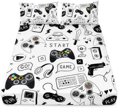AILONEN Video Game Fitted Sheet Set,Boys Full Bed Sheet Set,Video Gamer Console Joystick Controller Bed Sheet Set,Computer Retro Arcade Play Gaming Sheet Set 3Pcs, 1 Fitted Sheet and 2 Pillowcases