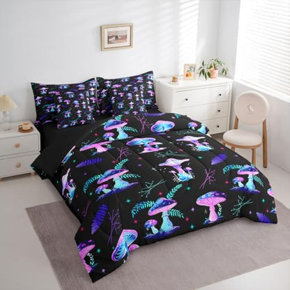Erosebridal Cute Mushroom Queen Comforter Set with Sheets 7 piece Glowing Mushrooms Bed in A Bag Country Farmhouse Plant Bedding Sets for Kids Boys Girls,Galaxy Starry Sky Bed Set