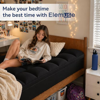 ELEMUSE Twin Black Mattress Topper, Thick Pillow Top Mattress Pad Cover