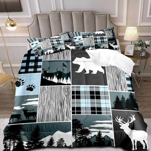 LUVIVIHOME 3PCS Bear Deer Comforter Set Full Size, Elk Moose Woodland Forest Animal Wildlife Hunting Country Lodge Rustic Farmhouse Cabin Bedding, Black & Blue Plaid Patchwork Quilt, 2 Pillow Cases