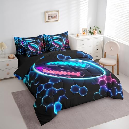 Erosebridal Rugby Sports Comforter Sets with Sheets - Football Bedding Set King for Boys Girls Honeycomb Hexagon 7Pcs Bed in A Bag, Colorful Neon Lights Bed Set
