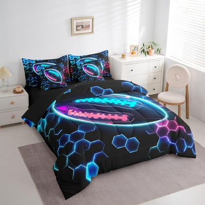 Erosebridal Rugby Sports Comforter Sets with Sheets - Football Bedding Set Full for Boys Girls Honeycomb Hexagon 7Pcs Bed in A Bag, Colorful Neon Lights Bed Set