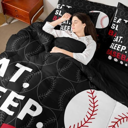 Erosebridal Kids Baseball Games Softball Theme Comforter Set Queen Size 7 Pieces | Black Grey Bed in A Bag Sports Gaming Pattern Bed Set Men Teens Bedding