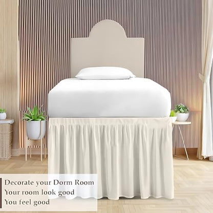 Dorm Bed Skirt Twin XL 42 Inch Drop, Easy to Install Extra Long Wrap Around Elastic Dust Ruffle, Bedskirt Solid Silky Fabric Machine Washable, Ruffled College Dorm Room Ivory