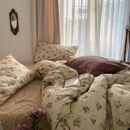 mixinni Vintage Floral Duvet Cover Twin Size - 3 Piece 100% Cotton Cottagecore Red Flowers & Green Leaves Bedding, Soft Botanical Comforter Cover & Pillowcases, Aesthetic Spring Bed Set for Girls