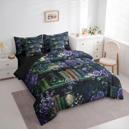 Erosebridal Mysterious Bookshelf 7 Piece Bedding Set Twin Purple Rose Comforter Set with Sheets Halloween Skull Flowers Bed in a Bag Retro Wizard Green Potion Bed Sets Comforter