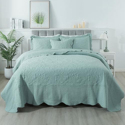 HoneiLife California King Quilts - Oversized King Bedspreads 128x120, Rustic Bedding Sets 4-Piece,Reversible Coverlets Lightweight Bed Cover for All Season Use-Sage Green