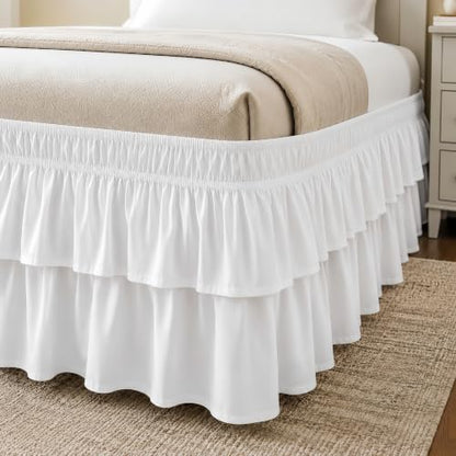 RIMELA Ruffle Bed Skirt Warm White Queen 15 Inch Drop, Elastic Wrap Around Bed Skirting Queen Size, Easy to Install Dust Ruffle, Machine Washable Soft Fabric, Multi Ruffle Bedskirt