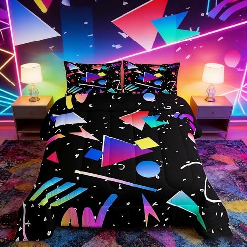 Manfei Memphis Comforter Set Twin Size, Colorful Geometric Abstract Bedding Set 2pcs for Kids Boys Girls, Retro 80s 90s Fashion Style Quilt Set Soft Polyester Duvet Set with 1 Pillowcase