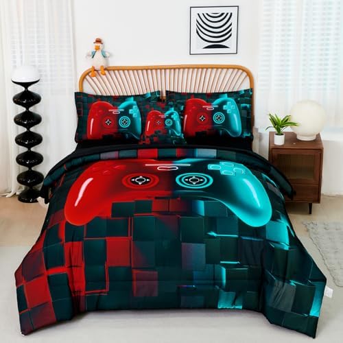 PERFEMET 6 Pieces Boys Bedding Set Full Red and Teal Game Kids Bed in A Bag