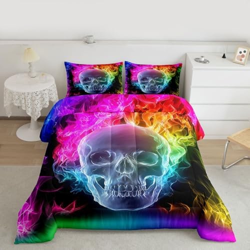 Erosebridal Skull Comforter Set, Skeleton Bones Bedding Set Twin Size Halloween Horror Gold Flame Duvet Sets for Kids Teens Adult Bedroom Decor, Gothic Spooky Bedding Comforters, Warmth Soft