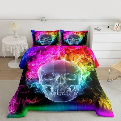Erosebridal Skull Comforter Set, Skeleton Bones Bedding Set Twin Size Halloween Horror Gold Flame Duvet Sets for Kids Teens Adult Bedroom Decor, Gothic Spooky Bedding Comforters, Warmth Soft