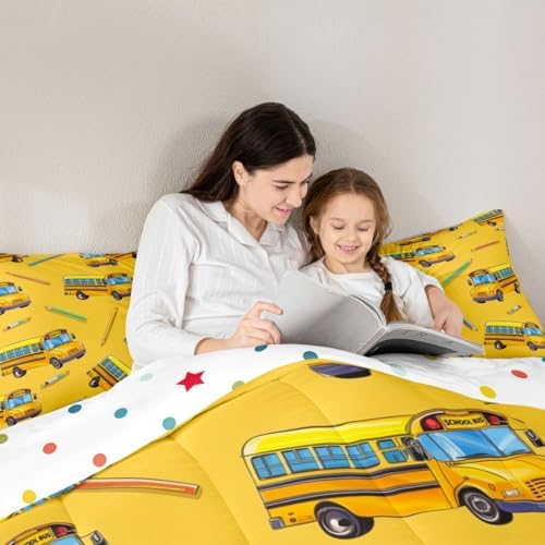 Erosebridal School Bus Queen Comforter Set for Home, School Truck Bedding Set for Kids Boys Girls Teens Bedroom Decor, Cartoon Car Theme Comforter, Yellow Quilt with 2 Pillowcases, 3 Pcs