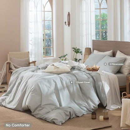 MooMee Striped Duvet Cover Set 100% Washed Cotton Linen Like