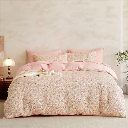 Wake In Cloud - Floral Comforter Set with Sheets, Cute Vintage Flower Cottagecore Aesthetic for Women Teen Girls, 7 Pieces Bed in a Bag, Cream Pink, Full Size