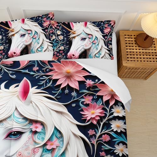 White and Pink Unicorn Flower Full Size Comforter Set for Girls，Kids Full Size Unicorn Bedding Sets for Girls