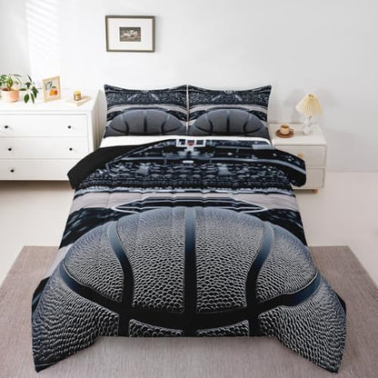 Castle Fairy 3D Basketball Bedding Set Queen Size Modern Basketball Gym Comforter Set for Kids Boys Bedroom Decor Sports Competition Theme Soft Duvet Insert Cool Ball Games Down Comforter Set,3Pcs