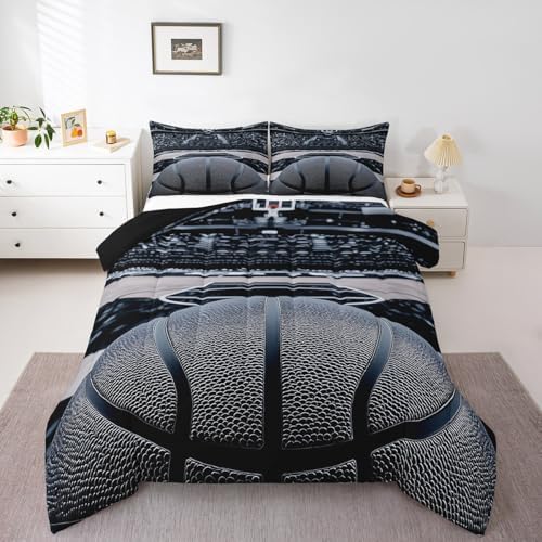 Castle Fairy 3D Basketball Bedding Set King Size Modern Basketball Gym Comforter Set for Kids Boys Bedroom Decor Sports Competition Theme Soft Duvet Insert Cool Ball Games Down Comforter Set,3Pcs
