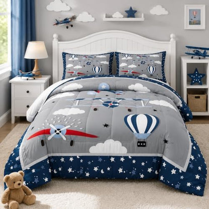 Castle Fairy Airplane Comforter Set Queen Size for Boys, Kids Aviation Bedding Set with 2 Pillow Shams, Soft Lightweight Microfiber Quilt with Airplane Clouds Stars Design, Blue Gray Bedroom Decor