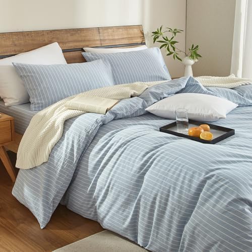 Blue Striped Duvet Cover Set Full Size 100% Washed Cotton Linen Feel 3 Piece Bedding Set Comfy Breathable