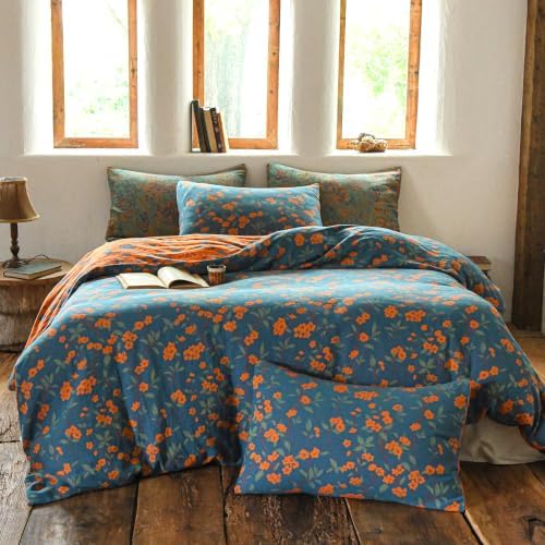 BISELINA 100% Cotton Muslin Duvet Cover Set King, 3 Pcs Yarn-Dyed Jacquard Textured Reversible Floral Design, Soft and Breathable Bedding Set with Zipper Closure, Floral Blue Orange