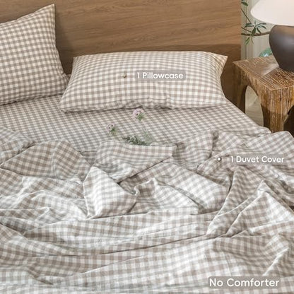 MooMee Gingham Duvet Cover Set 100% Washed Cotton Linen Like