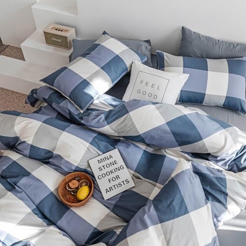 mixinni Full Comforter Set Soft Fluffy Modern Style Checkered Pattern Comforter for Boys Mens, 1 Blue White Grey Geometric Comforter and 2 Pillowcases, All Seasons-Full Size