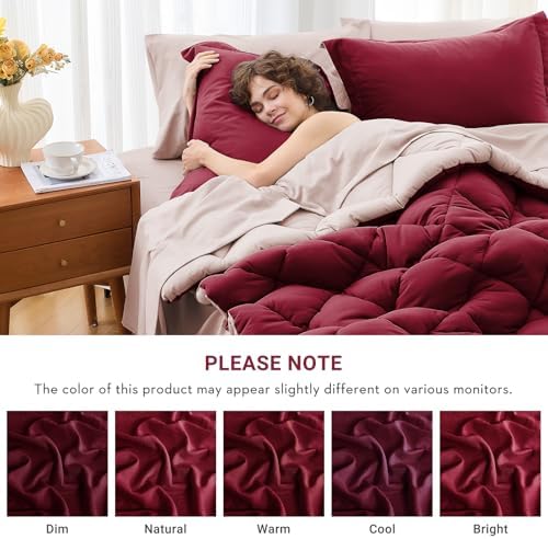 MUXHOMO 7 Pieces Oversized King Comforter Set, Reversible Bed in a Bag Oversized King Size, All Season Bedding Set with Comforter, Flat Sheet, Fitted Sheet, Pillowcases & Shams, Burgundy & Rose Gold