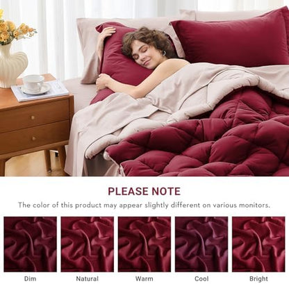 MUXHOMO 5 Pieces Twin Comforter Set, Reversible Bed in a Bag Twin Size, All Season Bedding Set with Comforter, Flat Sheet, Fitted Sheet, Pillowcases & Shams, Burgundy & Rose Gold
