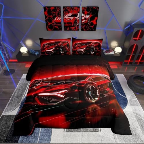 Feelyou Kids Boys Sports Comforter Set Twin Size Red Race Car Comforter for Kids Teens Room Decor Extreme Sports Theme Bedding Set Cool Speed Luxury Car Decor Quilt Set Soft for All Season