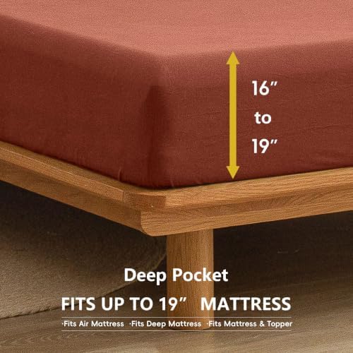 BESTOUCH Sheet Set 100% Washed Cotton Linen Feel Super Soft Comfortable Chic Lightweight 4 Pcs Home Bedding Set Solid Crimson Red Queen