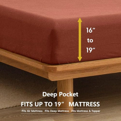 BESTOUCH Sheet Set 100% Washed Cotton Linen Feel Super Soft Comfortable Chic Lightweight 4 Pcs Home Bedding Set Solid Crimson Red Queen