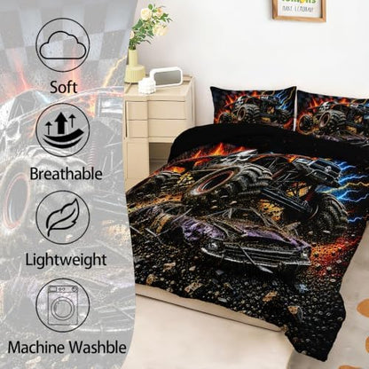 AILONEN Queen Comforter Set 3 Piece, Orange Black Off Road Truck 3D Printed Bedding with 2 Pillowcases, Soft Lightweight Microfiber Lightning Track Decor for Master Suite