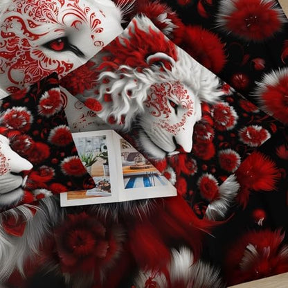 Red and Black Lion Queen Size Comforter Set for Men，Queen Size Quilt Bedding Set Floral，with 1 Comforter with 2 Pillow Case