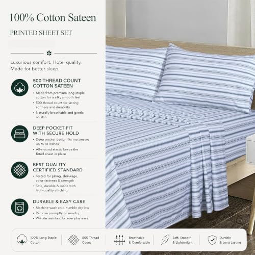 Feather & Stitch 100% Cotton Sateen 500 TC Queen Size Bed Sheet Set