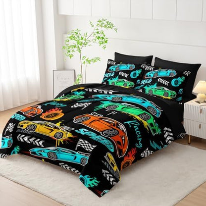 HOSIMA 7Pcs Black Cartoon Sports Race Car Full Comforter Set with Sheets.