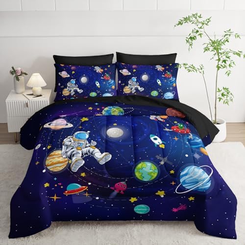 AILONEN Cute Astronaut Comforter Set Twin Size,7-Piece Outer Space Planet Rocket Bed in a Bag,Comforter & Fitted Sheet with Flat Sheet & 2 Pillowcases,2 Pillow Cases for Bedroom,Soft Microfiber