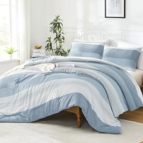 Litanika Grey Blue Super King Comforter Set - 3 Pieces Stripe Bed Set