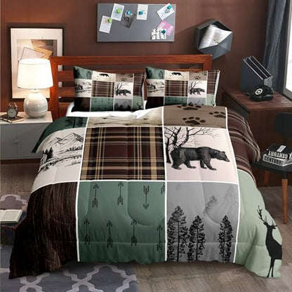 LUVIVIHOME 3PCS Farmhouse Cabin Comforter Set, Brown Plaid Patchwork Sage Green Full Size Comforter, Black Bear Deer Moose Woodland Forest Animal Wildlife Lodge Country Rustic Bedding, 2 Pillow Shams