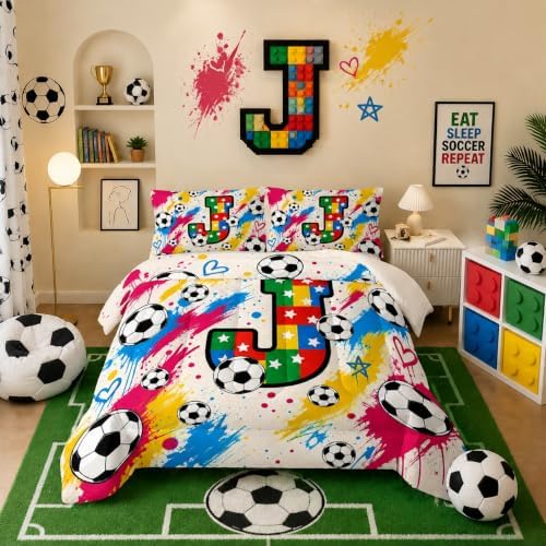 BSNTHO Soccer King Size, Comforter Set Colorful Kids Comforter 3Pcs