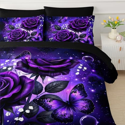 QOOMO Purple Rose 7 Pieces Comforter Set for Kids,Full Size