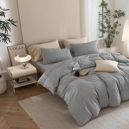 JIYUAN Alaska King Washed Cotton Duvet Cover Set, Linen-Like Pinstripe